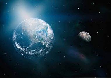 Dünya ve ay siyah bir zemin üzerine uzaydan. NASA tarafından döşenmiş öğeler dahil olmak üzere son derece ayrıntılı görüntü.