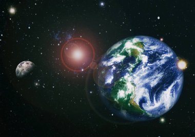 Dünya ve ay siyah bir zemin üzerine uzaydan. NASA tarafından döşenmiş öğeler dahil olmak üzere son derece ayrıntılı görüntü.