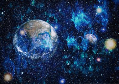 Dünya ve ay siyah bir zemin üzerine uzaydan. NASA tarafından döşenmiş öğeler dahil olmak üzere son derece ayrıntılı görüntü.