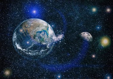 Dünya ve ay siyah bir zemin üzerine uzaydan. NASA tarafından döşenmiş öğeler dahil olmak üzere son derece ayrıntılı görüntü.