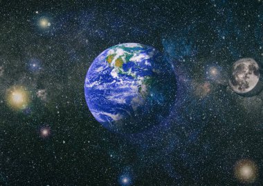 Dünya ve ay siyah bir zemin üzerine uzaydan. NASA tarafından döşenmiş öğeler dahil olmak üzere son derece ayrıntılı görüntü.