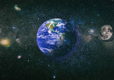 Dünya ve ay siyah bir zemin üzerine uzaydan. NASA tarafından döşenmiş öğeler dahil olmak üzere son derece ayrıntılı görüntü.