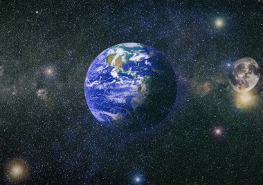 Dünya ve ay siyah bir zemin üzerine uzaydan. NASA tarafından döşenmiş öğeler dahil olmak üzere son derece ayrıntılı görüntü.