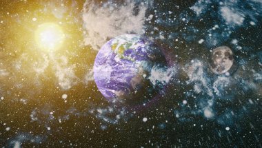 Dünya ve ay uzaydan görüntüleyin. NASA tarafından döşenmiş öğeler dahil olmak üzere son derece ayrıntılı görüntü.