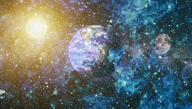 Dünya ve ay uzaydan görüntüleyin. NASA tarafından döşenmiş öğeler dahil olmak üzere son derece ayrıntılı görüntü.