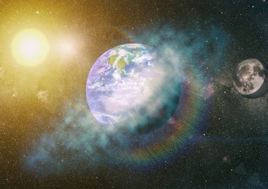 Dünya ve ay uzaydan görüntüleyin. NASA tarafından döşenmiş öğeler dahil olmak üzere son derece ayrıntılı görüntü.