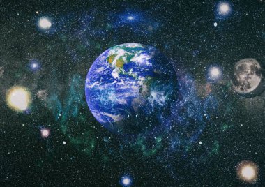 Dünya ve ay uzaydan görüntüleyin. NASA tarafından döşenmiş öğeler dahil olmak üzere son derece ayrıntılı görüntü.