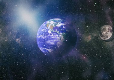 Dünya ve ay uzaydan görüntüleyin. NASA tarafından döşenmiş öğeler dahil olmak üzere son derece ayrıntılı görüntü.