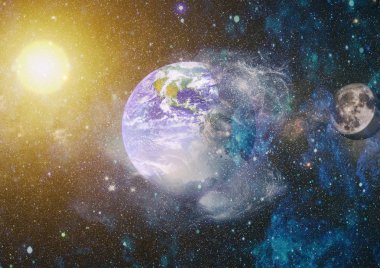 Dünya ve ay uzaydan görüntüleyin. NASA tarafından döşenmiş öğeler dahil olmak üzere son derece ayrıntılı görüntü.