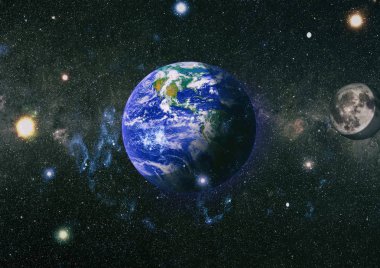 Dünya ve ay uzaydan görüntüleyin. NASA tarafından döşenmiş öğeler dahil olmak üzere son derece ayrıntılı görüntü.