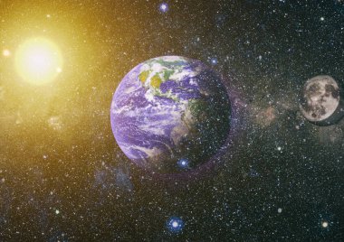 Dünya ve ay uzaydan görüntüleyin. NASA tarafından döşenmiş öğeler dahil olmak üzere son derece ayrıntılı görüntü.