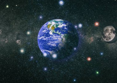 Dünya ve ay uzaydan görüntüleyin. NASA tarafından döşenmiş öğeler dahil olmak üzere son derece ayrıntılı görüntü.