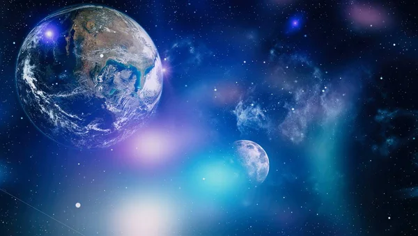 Dünya ve ay siyah bir zemin üzerine uzaydan. NASA tarafından döşenmiş öğeler dahil olmak üzere son derece ayrıntılı görüntü.