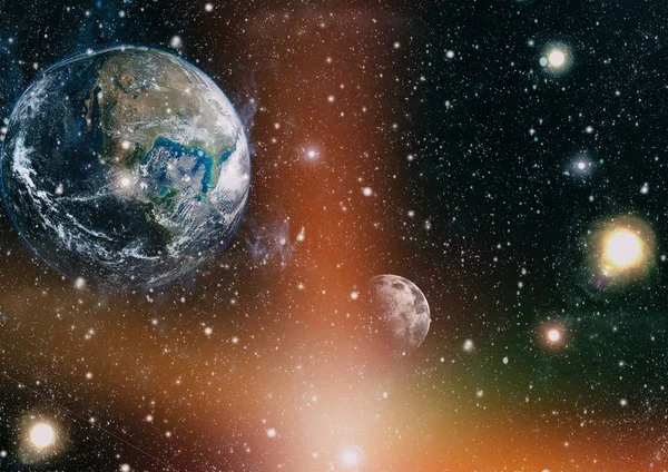 Dünya ve ay siyah bir zemin üzerine uzaydan. NASA tarafından döşenmiş öğeler dahil olmak üzere son derece ayrıntılı görüntü.