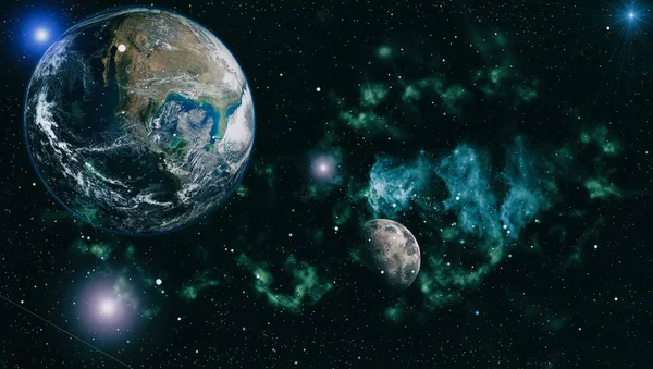 Dünya ve ay siyah bir zemin üzerine uzaydan. NASA tarafından döşenmiş öğeler dahil olmak üzere son derece ayrıntılı görüntü.