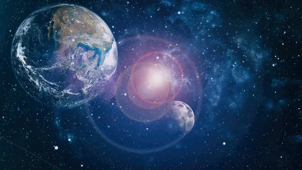 Dünya ve ay siyah bir zemin üzerine uzaydan. NASA tarafından döşenmiş öğeler dahil olmak üzere son derece ayrıntılı görüntü.