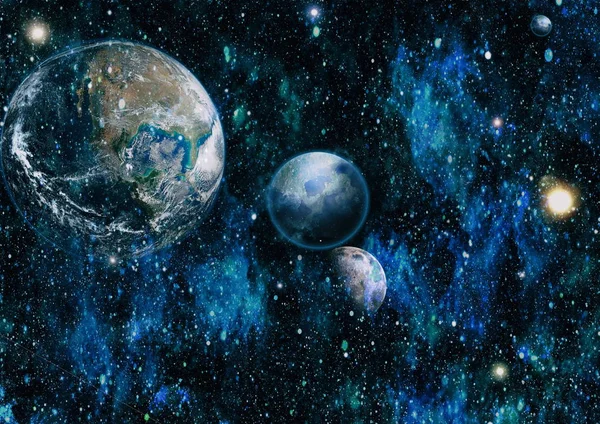 Dünya ve ay siyah bir zemin üzerine uzaydan. NASA tarafından döşenmiş öğeler dahil olmak üzere son derece ayrıntılı görüntü.