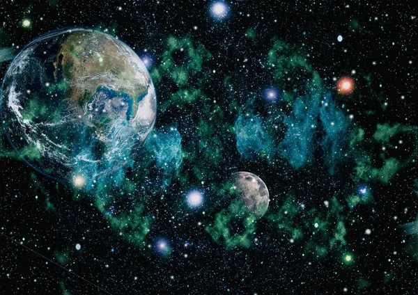 Dünya ve ay siyah bir zemin üzerine uzaydan. NASA tarafından döşenmiş öğeler dahil olmak üzere son derece ayrıntılı görüntü.