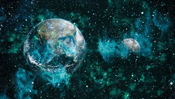 Dünya ve ay siyah bir zemin üzerine uzaydan. NASA tarafından döşenmiş öğeler dahil olmak üzere son derece ayrıntılı görüntü.