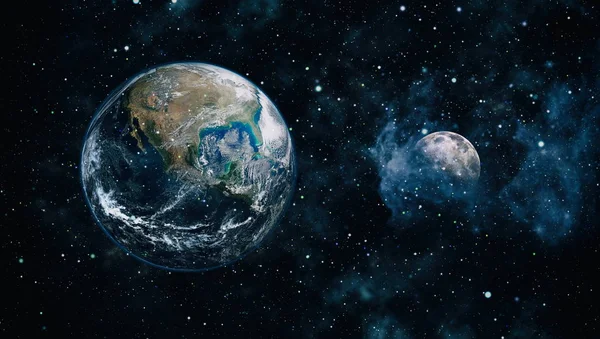Dünya ve ay siyah bir zemin üzerine uzaydan. NASA tarafından döşenmiş öğeler dahil olmak üzere son derece ayrıntılı görüntü.