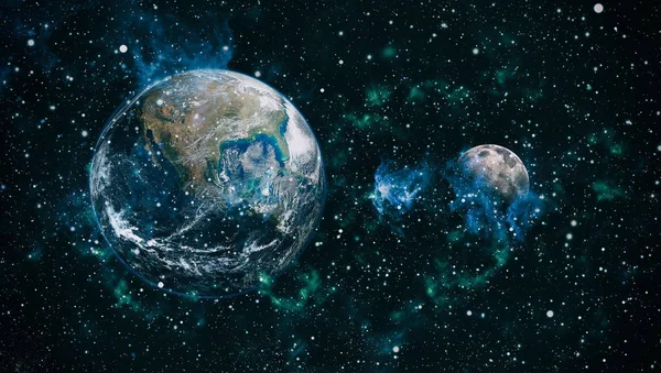 Dünya ve ay siyah bir zemin üzerine uzaydan. NASA tarafından döşenmiş öğeler dahil olmak üzere son derece ayrıntılı görüntü.