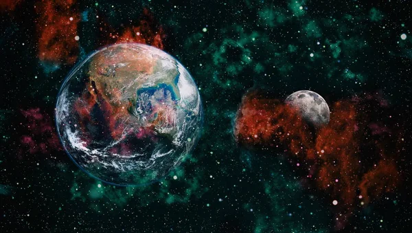 Dünya ve ay siyah bir zemin üzerine uzaydan. NASA tarafından döşenmiş öğeler dahil olmak üzere son derece ayrıntılı görüntü.