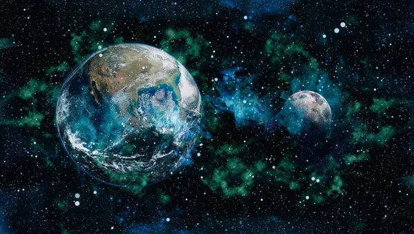 Dünya ve ay siyah bir zemin üzerine uzaydan. NASA tarafından döşenmiş öğeler dahil olmak üzere son derece ayrıntılı görüntü.