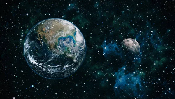 Dünya ve ay siyah bir zemin üzerine uzaydan. NASA tarafından döşenmiş öğeler dahil olmak üzere son derece ayrıntılı görüntü.