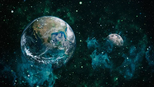 Dünya ve ay siyah bir zemin üzerine uzaydan. NASA tarafından döşenmiş öğeler dahil olmak üzere son derece ayrıntılı görüntü.