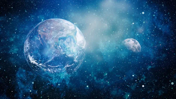 Dünya ve ay siyah bir zemin üzerine uzaydan. NASA tarafından döşenmiş öğeler dahil olmak üzere son derece ayrıntılı görüntü.