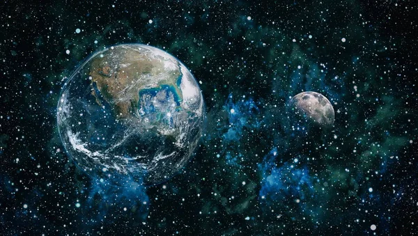 Dünya ve ay siyah bir zemin üzerine uzaydan. NASA tarafından döşenmiş öğeler dahil olmak üzere son derece ayrıntılı görüntü.