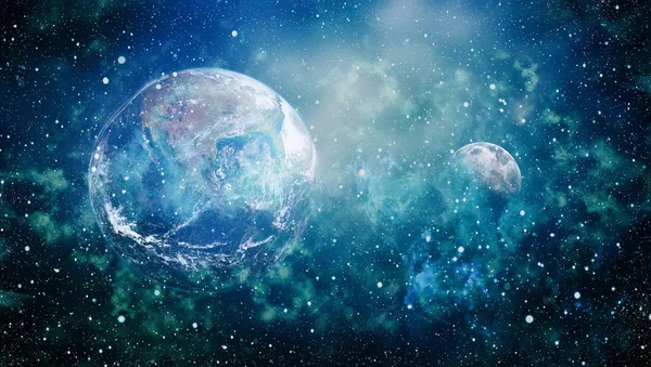 Dünya ve ay siyah bir zemin üzerine uzaydan. NASA tarafından döşenmiş öğeler dahil olmak üzere son derece ayrıntılı görüntü.