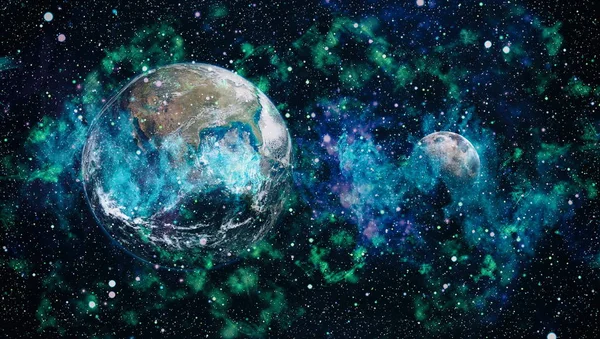 Dünya ve ay siyah bir zemin üzerine uzaydan. NASA tarafından döşenmiş öğeler dahil olmak üzere son derece ayrıntılı görüntü.