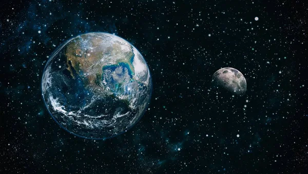Dünya ve ay siyah bir zemin üzerine uzaydan. NASA tarafından döşenmiş öğeler dahil olmak üzere son derece ayrıntılı görüntü.