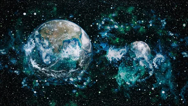 Dünya ve ay siyah bir zemin üzerine uzaydan. NASA tarafından döşenmiş öğeler dahil olmak üzere son derece ayrıntılı görüntü.