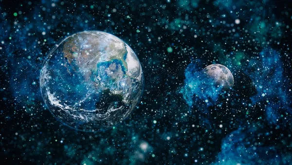 Dünya ve ay siyah bir zemin üzerine uzaydan. NASA tarafından döşenmiş öğeler dahil olmak üzere son derece ayrıntılı görüntü.