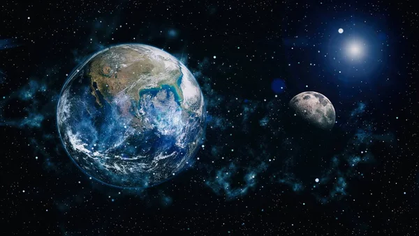 Dünya ve ay siyah bir zemin üzerine uzaydan. NASA tarafından döşenmiş öğeler dahil olmak üzere son derece ayrıntılı görüntü.
