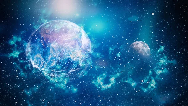 Dünya ve ay siyah bir zemin üzerine uzaydan. NASA tarafından döşenmiş öğeler dahil olmak üzere son derece ayrıntılı görüntü.