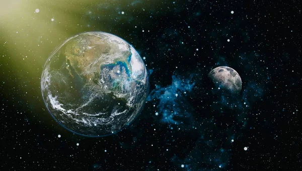 Dünya ve ay siyah bir zemin üzerine uzaydan. NASA tarafından döşenmiş öğeler dahil olmak üzere son derece ayrıntılı görüntü.