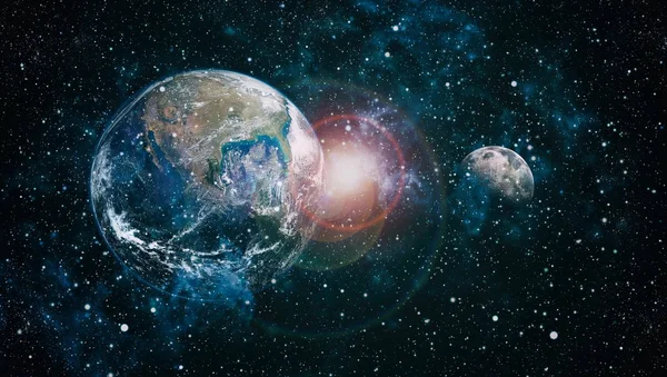 Dünya ve ay siyah bir zemin üzerine uzaydan. NASA tarafından döşenmiş öğeler dahil olmak üzere son derece ayrıntılı görüntü.