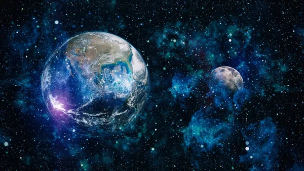 Dünya ve ay siyah bir zemin üzerine uzaydan. NASA tarafından döşenmiş öğeler dahil olmak üzere son derece ayrıntılı görüntü.
