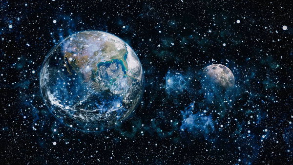 The Earth and Moon from space on a black background. Extremely detailed image including elements furnished by NASA.
