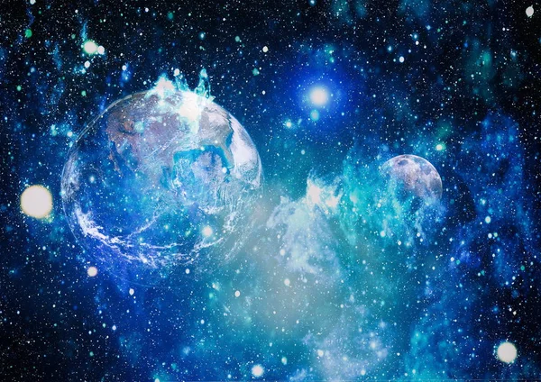 Dünya ve ay siyah bir zemin üzerine uzaydan. NASA tarafından döşenmiş öğeler dahil olmak üzere son derece ayrıntılı görüntü.