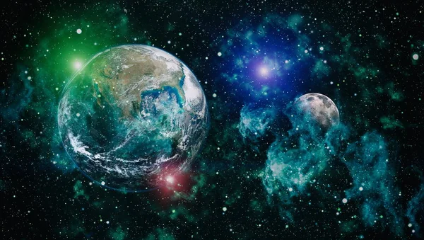 Dünya ve ay siyah bir zemin üzerine uzaydan. NASA tarafından döşenmiş öğeler dahil olmak üzere son derece ayrıntılı görüntü.