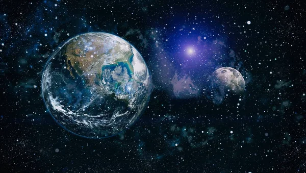 Dünya ve ay siyah bir zemin üzerine uzaydan. NASA tarafından döşenmiş öğeler dahil olmak üzere son derece ayrıntılı görüntü.