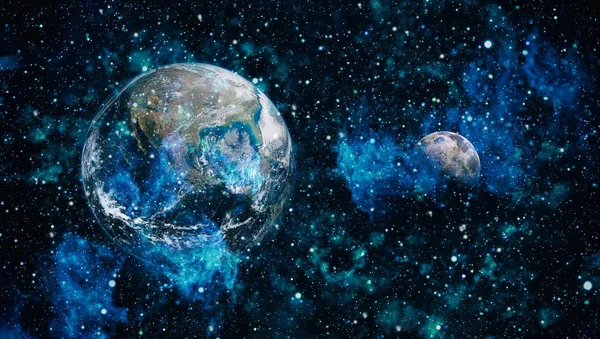 Dünya ve ay siyah bir zemin üzerine uzaydan. NASA tarafından döşenmiş öğeler dahil olmak üzere son derece ayrıntılı görüntü.