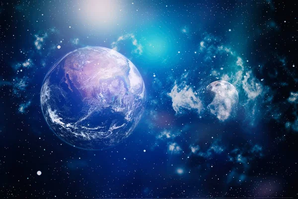 Dünya ve ay siyah bir zemin üzerine uzaydan. NASA tarafından döşenmiş öğeler dahil olmak üzere son derece ayrıntılı görüntü.