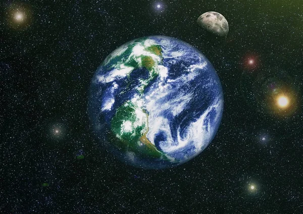 Dünya ve ay siyah bir zemin üzerine uzaydan. NASA tarafından döşenmiş öğeler dahil olmak üzere son derece ayrıntılı görüntü.