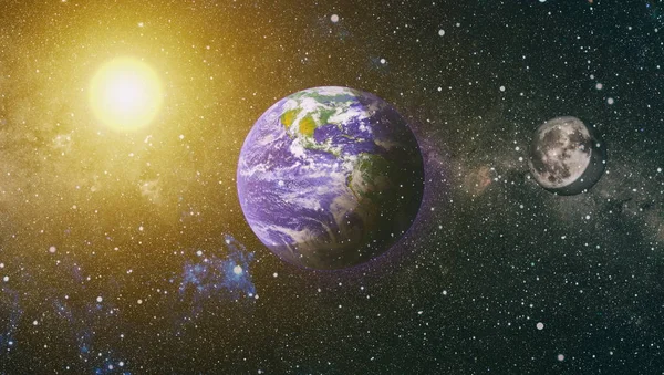 Dünya ve ay uzaydan görüntüleyin. NASA tarafından döşenmiş öğeler dahil olmak üzere son derece ayrıntılı görüntü.