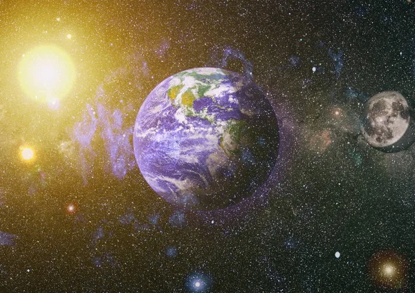 Dünya ve ay uzaydan görüntüleyin. NASA tarafından döşenmiş öğeler dahil olmak üzere son derece ayrıntılı görüntü.